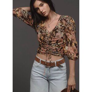 MOTHER The Cinch Top XS Brown Floral Puff Sleeve Ruched Front Lightweight Blouse